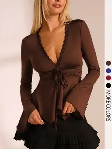 Women's street style slim V-neck long-sleeved bohemian style tie-front sexy top with lace patchwork design, fashionable, casual, everyday and sexy women's clothing for spring and autumn.