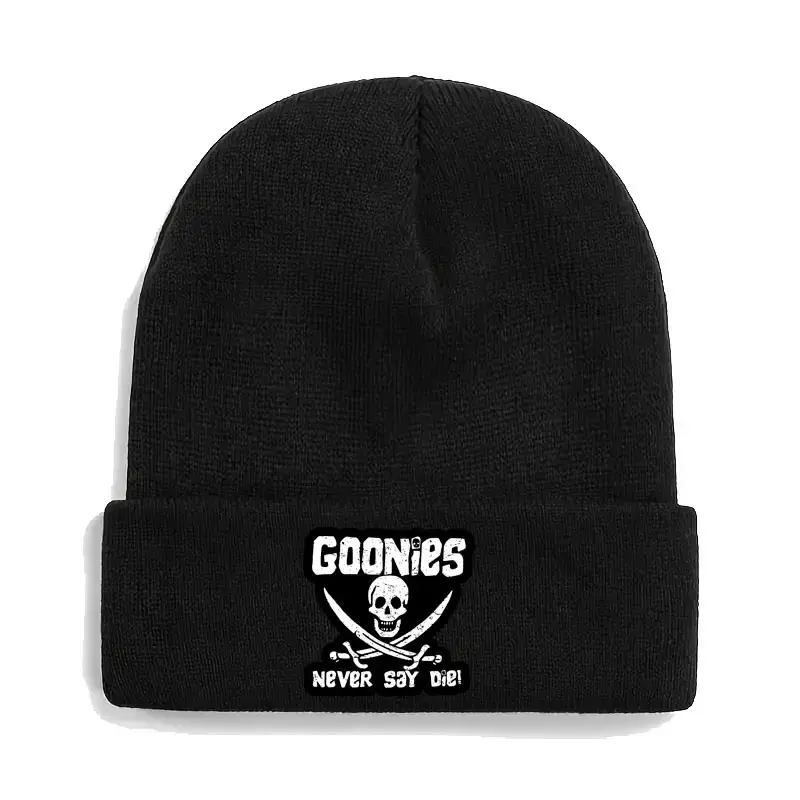 Aburen Goonies "Never Give Up! "Skull and Crossbones Knitted Hat - Thickened Acrylic Winter Hat with Rolled Edge, Unisex Elastic Style (Black/White/Tan/Navy Blue/Orange), Cold Weather Gear, Pirate Theme Costume