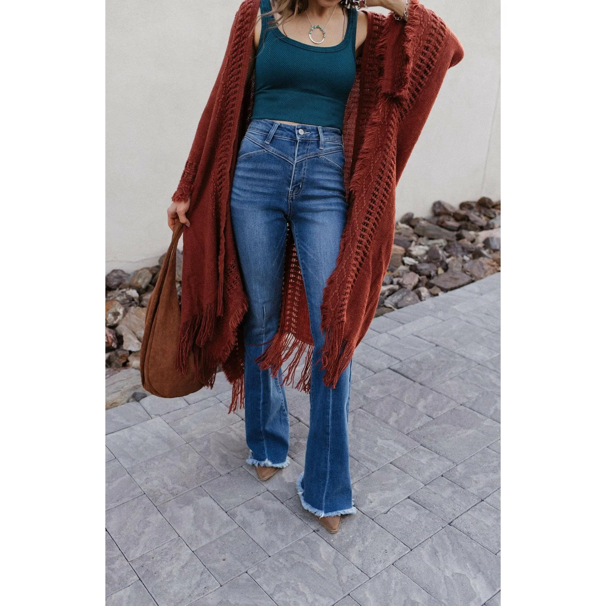 Women's Oversized Open Bohemian Ruana Cardigan, Cute Rust Color, Long Sleeves, Fringe Detail