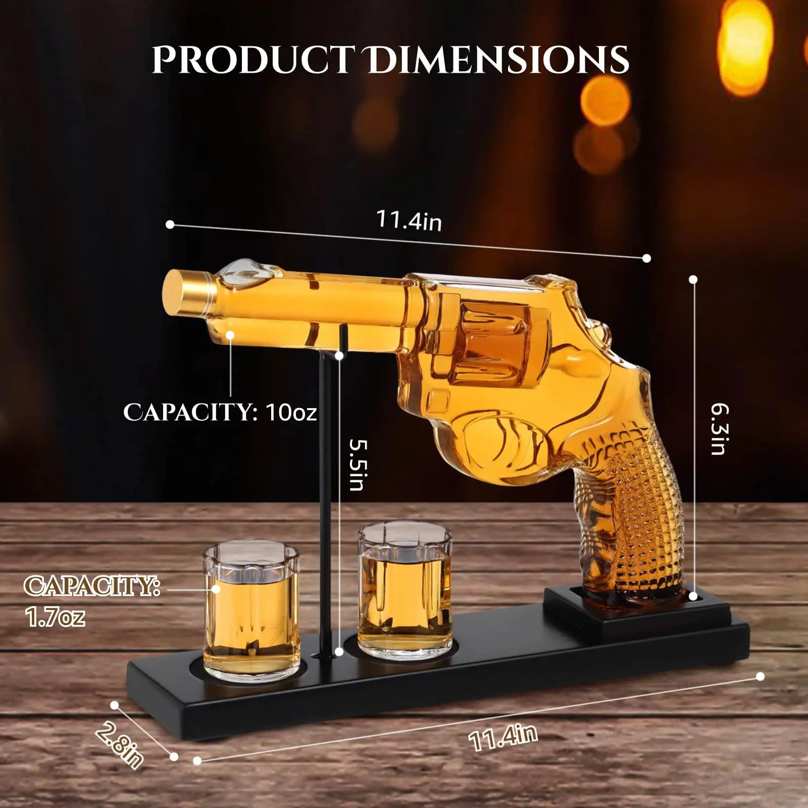 Legend of the Bar Gunslinger Paul Rotating Metal Revolver-Shaped Wine Decanter Set - Empty Bottle, Matching Amber Glass, Bar Utensils for Adult Drink Serving (1 Bottle per Cup) for Living Room, Study