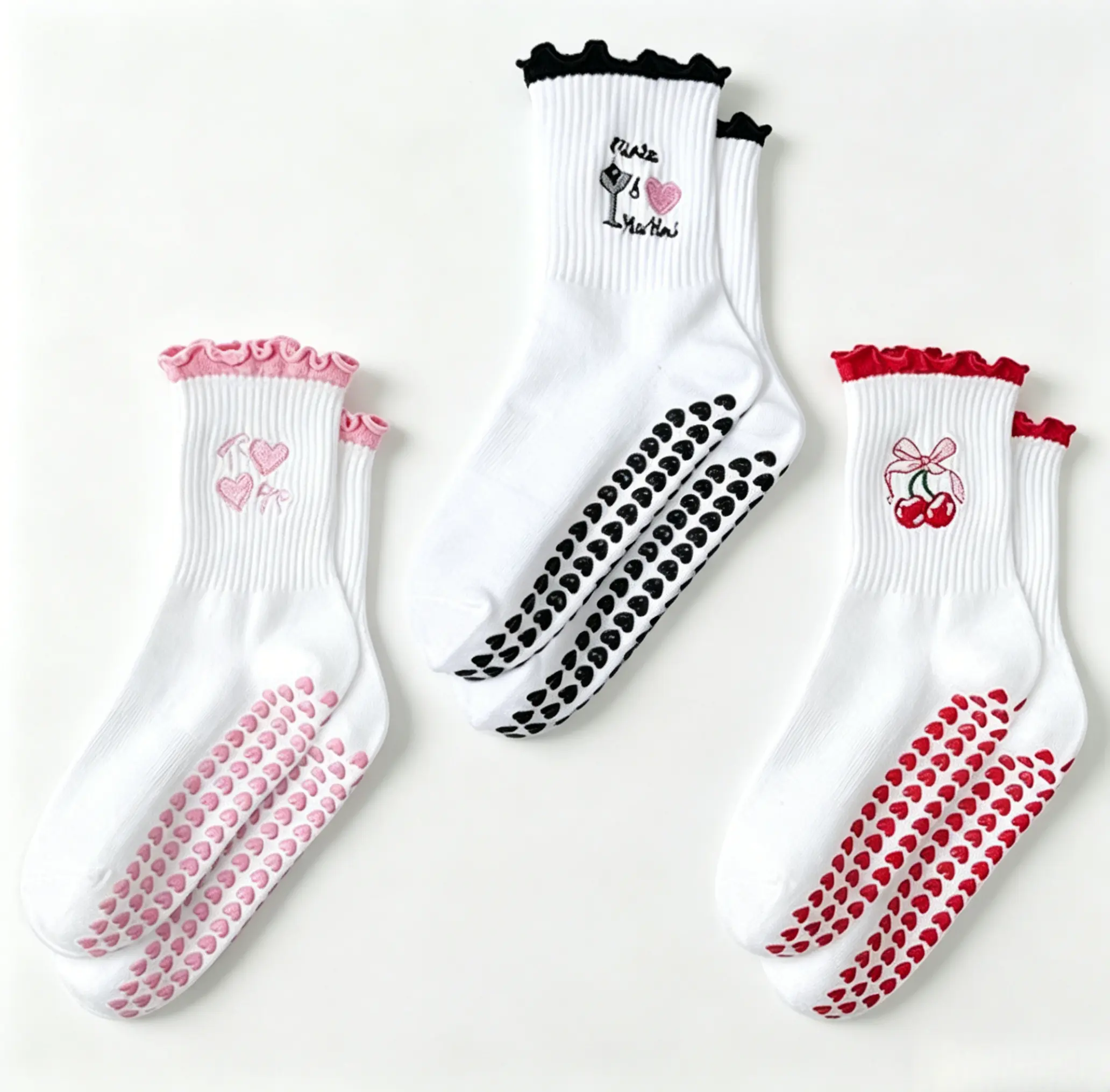 3 Pairs Pilates Grip Socks for Women Non Slip Cotton Crew Yoga Socks Ruffle Frilly Barre Workout Fitness Dance Studio Socks campingessentials
