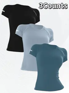 Women's Yoga Letter Round Neck Short Sleeve T-Shirt, High Stretch Breathable Fitness Running Yoga Top, Casual Sportswear, Elastic Breathable Sportswear