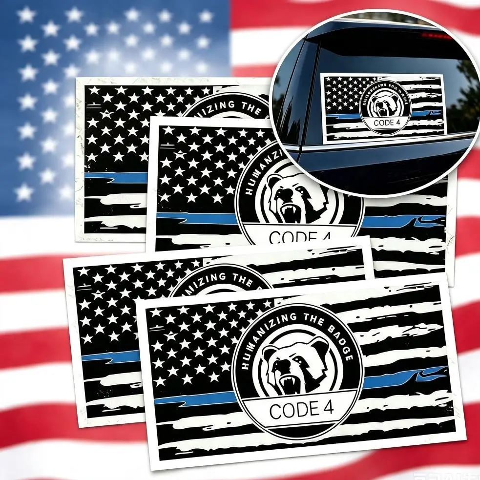 Thin Blue Line A Code 4 Sticker(5 pack), Humanizing The Badge Bear Emblem Patriotic Vinyl Decal, Weatherproof Waterproof Bumper Sticker, Multi-Surface Decor for Car Windows, Laptop, Suitcase, Patriotic American Themed Gift