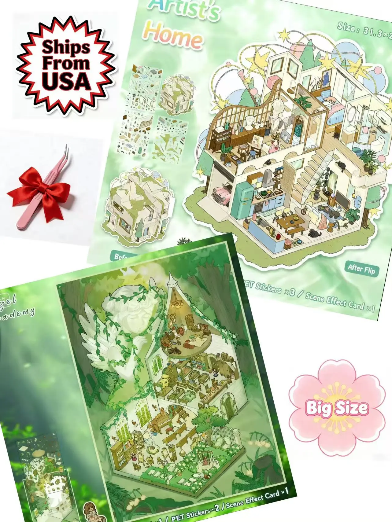 3D miniature world building block stickers, large-sized stickers, including two scenes: the artist's home and the angel's garden, allowing you to create your own world.