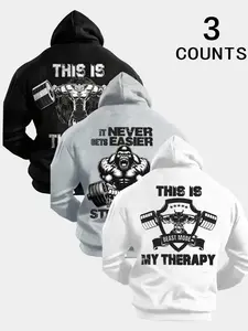Men's Hooded Sweatshirt Set, Weightlifting Bull & Gorilla Print, Casual Long Sleeve Pullover with Drawstring Pocket Design