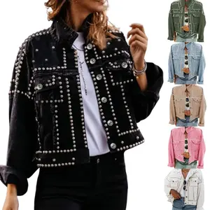 Yeokou Women's Long Sleeve Rivet Studded Denim Jacket Casual Washed Pearl Short Jean Coat Outerwear Button