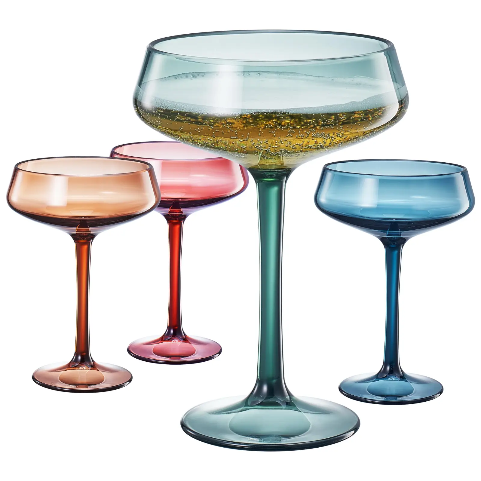 Khen 10.15 Ounce Plastic Acrylic Multicolor Coupe Glasses (Set of 4), Martini Glasses, Champagne Saucers, Reusable, BPA-Free, Shatter-Proof, Dishwasher-Safe, Perfect for Poolside, Outdoors, and More