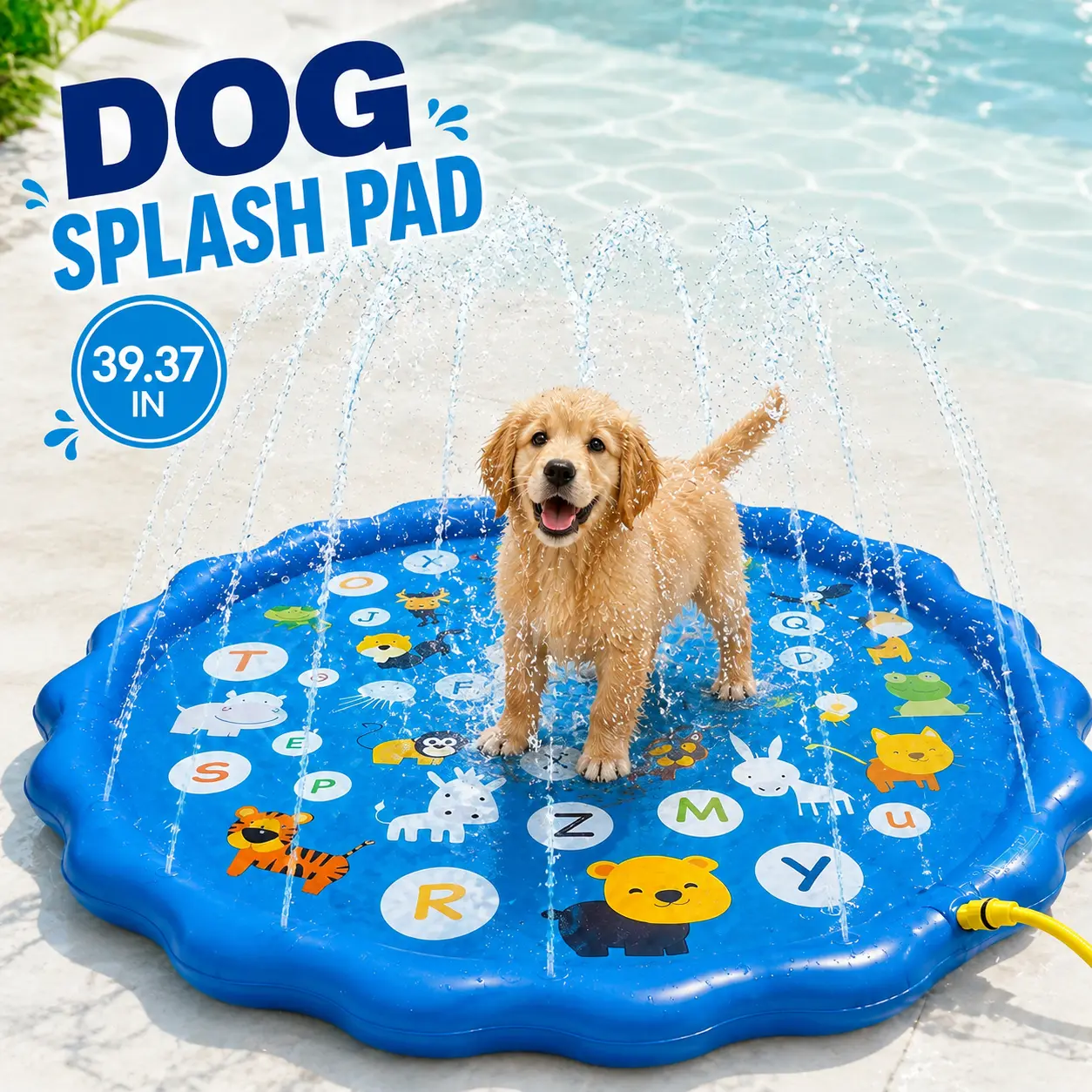 Extra Large Dog Splash Pad with Sprinkler, ABC Animal Print Inflatable Pet Wading Pool, Portable PVC Outdoor Water Play Mat for Dogs, Summer Backyard Pet Pool