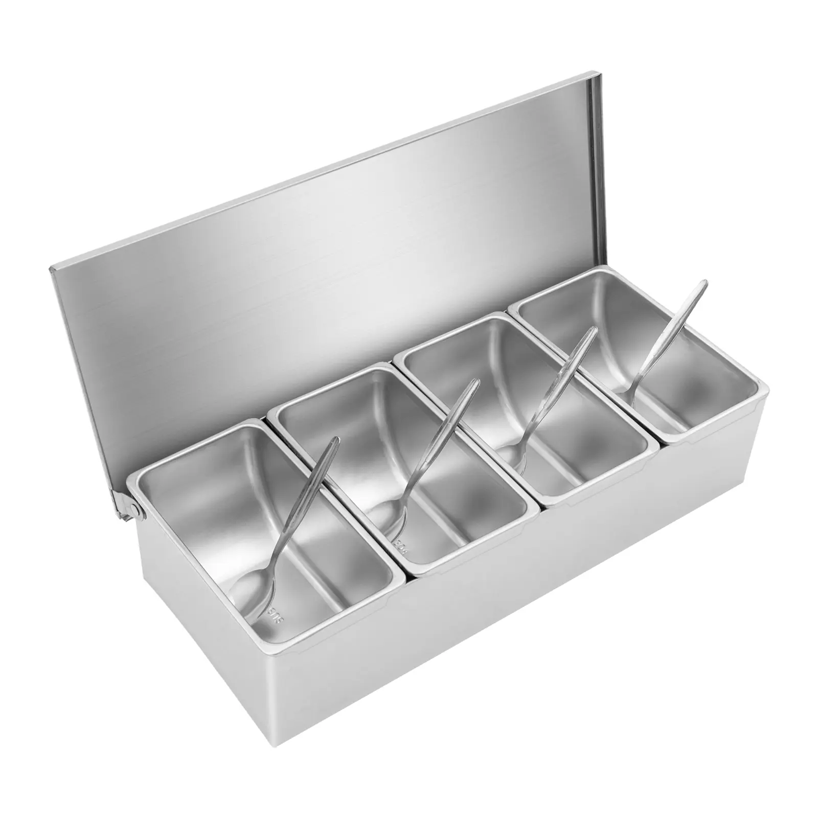 Sturdy Stainless Steel 4-Slot Condiment Caddy with Frame, Spoons, Containers - 38×17×9.5 cm, for Sauces, Spices, Oil, Vinegar - Modern Kitchen Gadget for Home Dinner Parties, Cafes, BBQs, Food Trucks