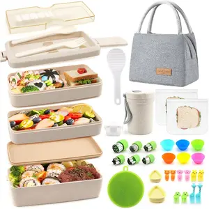 35 count Bento Box  Lunch Box Kit Leakproof Bento Lunch Box for  Adult Wheat Straw 3 Layer Stackable Lunch Container w Copartent  eal Prep for Prepy Girl Boy Woen (Beige)