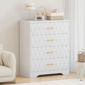 4-Drawer Modern Tall White Wooden Storage Furniture with Gold Handles, Multi-Purpose Wood Chest of Drawers for Bedroom, Closet