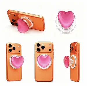 Cute Pink Heart Shaped Airbag Magnetic Finger Phone Holder,Stable & Portable Phone Stand, Phone Accessories for Women&Girls, Magnetic Phone Grip and Phone Stand for most phones