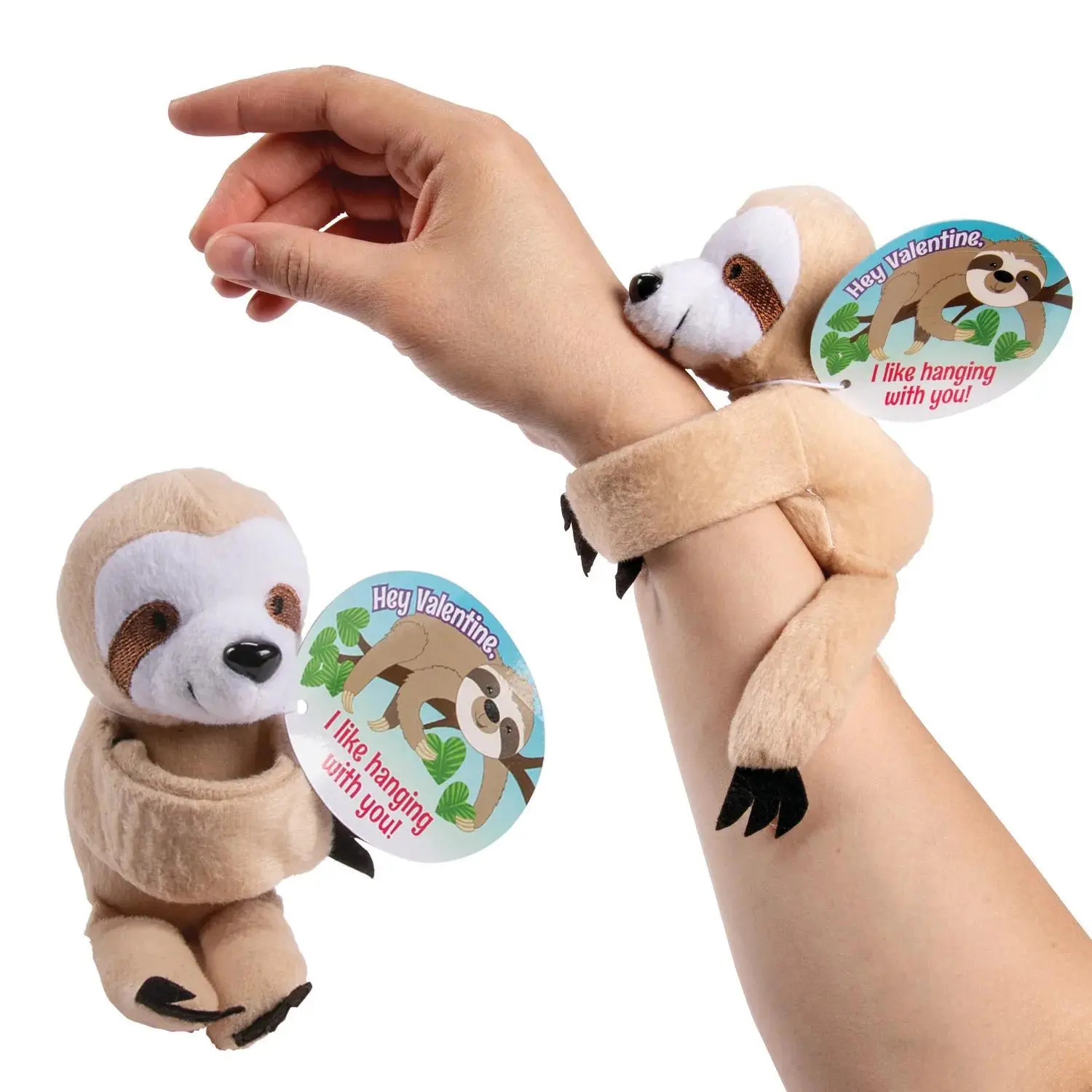 12-Piece Multicolor Fabric Animal Hugging Stuffed Sloth Friendship Bracelets Set with Included Greeting Cards for Valentine's Day Exchanges