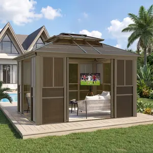 10x12FT Sunroom Gazebo, Sunroom with Double Top Ventilated Roof, All-Weather Solarium Sunroom Kit for Patio Deck Backyard, Adjustable Windows & Screen, Lockable Sliding Doors, UV-Protected PC Panel, Backyard Gazebo for Garden, Brown