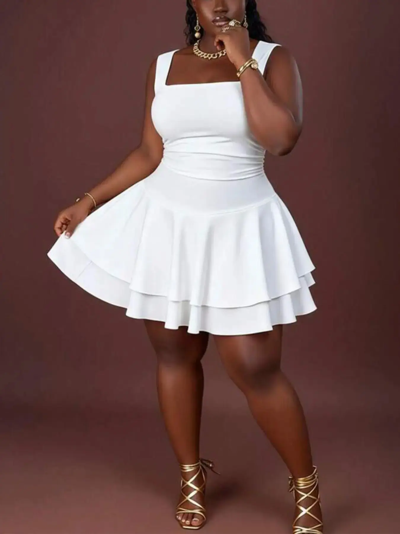 Plus Size Square Neck Sleeveless Tiered Ruffle Skater Mini Dress Y2K Sweetheart Stretchy Cinched Waist Feminine Date Night Brunch Party Beach