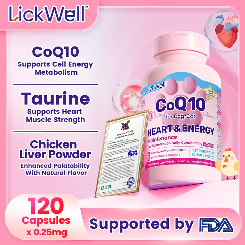 LickWell CoQ10 + Taurine Pet Supplement for Cats & Dogs - Antioxidant Formula with Daily Canine Wellness, Helps Cardiovascular Health, Supports Cell Energy Metabolism, 120 Capsules, 24-Month Shelf Life, Bottle Packaging