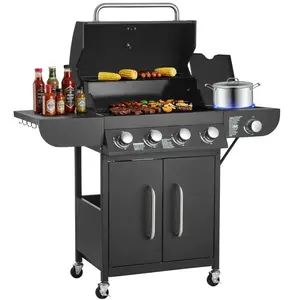 4-Burner Propane Gas Grill With Side Burner Outdoor BBQ Grill In Durable Carbon Steel Construction, Weather-Resistant Stainless Accents, Even Heat Control, Large Cooking Grate, Easy Assembly, Ideal For Backyard And Patio