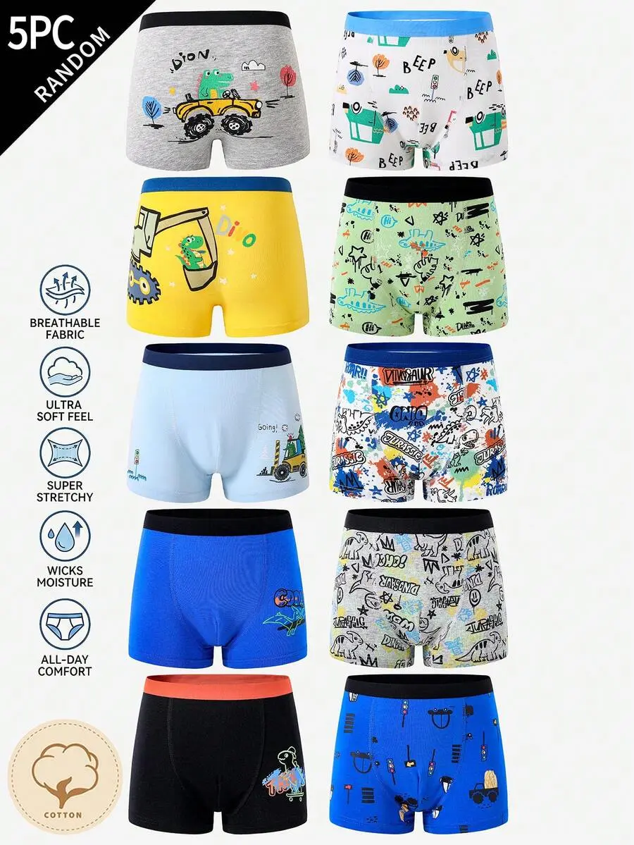 [5pcs Random Style] Boys Comfortable Dinosaur & Excavator Print Briefs