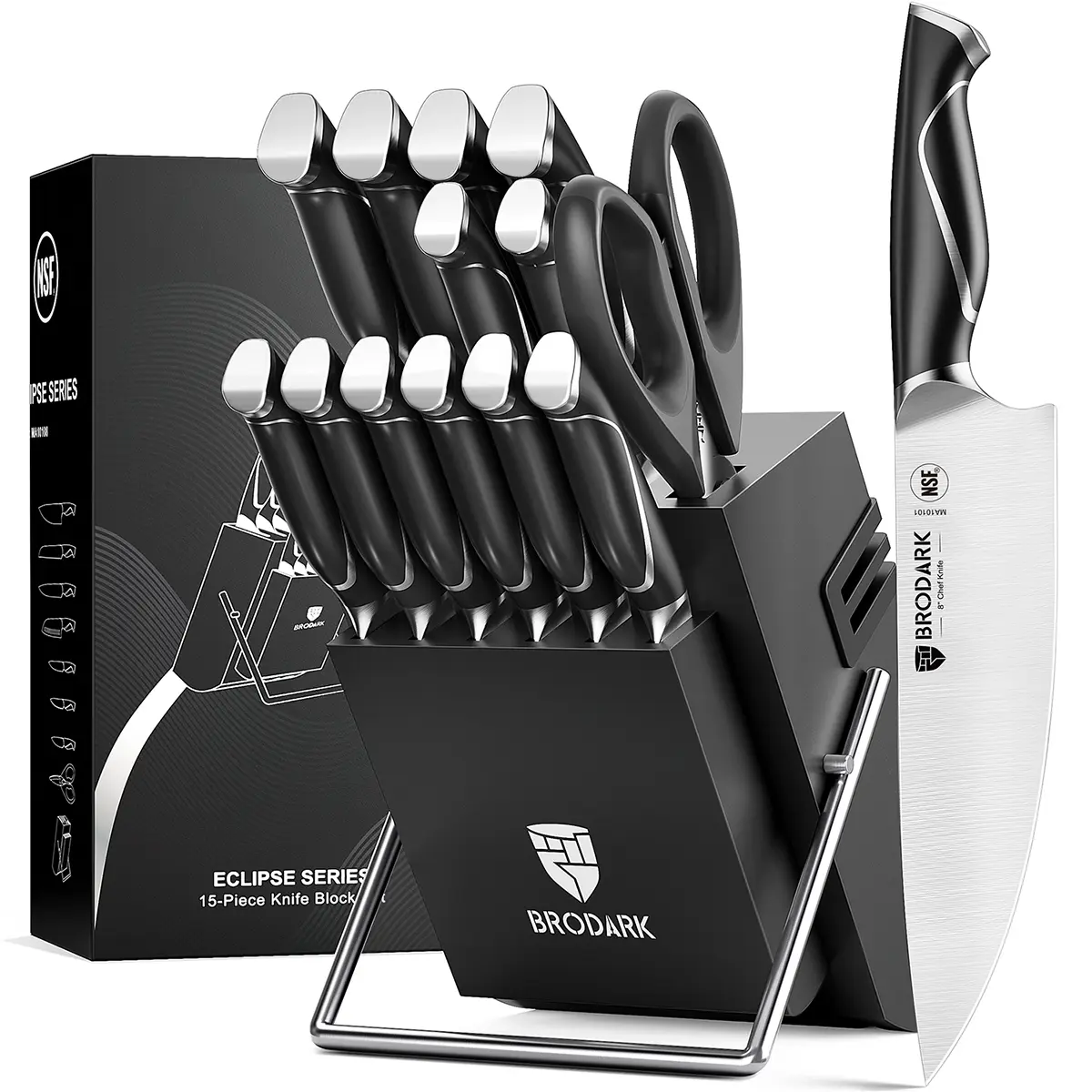 BRODARK Eclipse Series 15-Piece NSF Certified Stainless Steel Kitchen Knife Block Set with Built-in Sharpener, Full Tang Professional Slicer, Edge Retention, Food Grade Construction, Effortless Cutting, Easy Maintenance for Home Use, Knives Kitchen Set