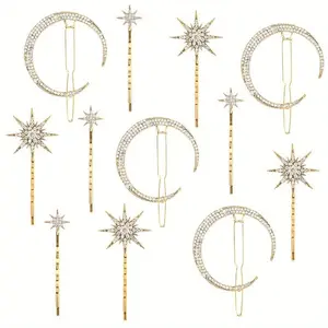 12 Pack Stars and Moon Hair Clips Vintage Rhinestone Hair Pin Metal Alloy Diamond-studded Hair Accessories for Women Girls Updo