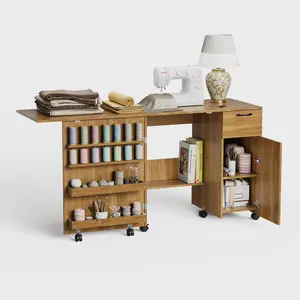 Garvee Folding Sewing Machine Table with Storage Shelves and Sliding Drawer, Rolling Side Desk for Sewing Machine, Craft Station with Lockable Wheels, Ideal for Home, Bedroom, and Small Spaces in Brown