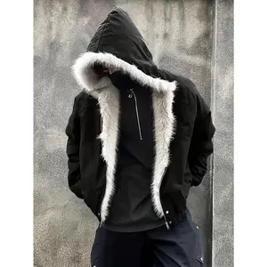 Men's Full-Zip Hooded Jacket with Fur-Like Collar - Winter Warm Filled, Beige/Black, Hand-Washable Cold-Weather Coat for Outdoor/Streetwear/Casual(Sheets)