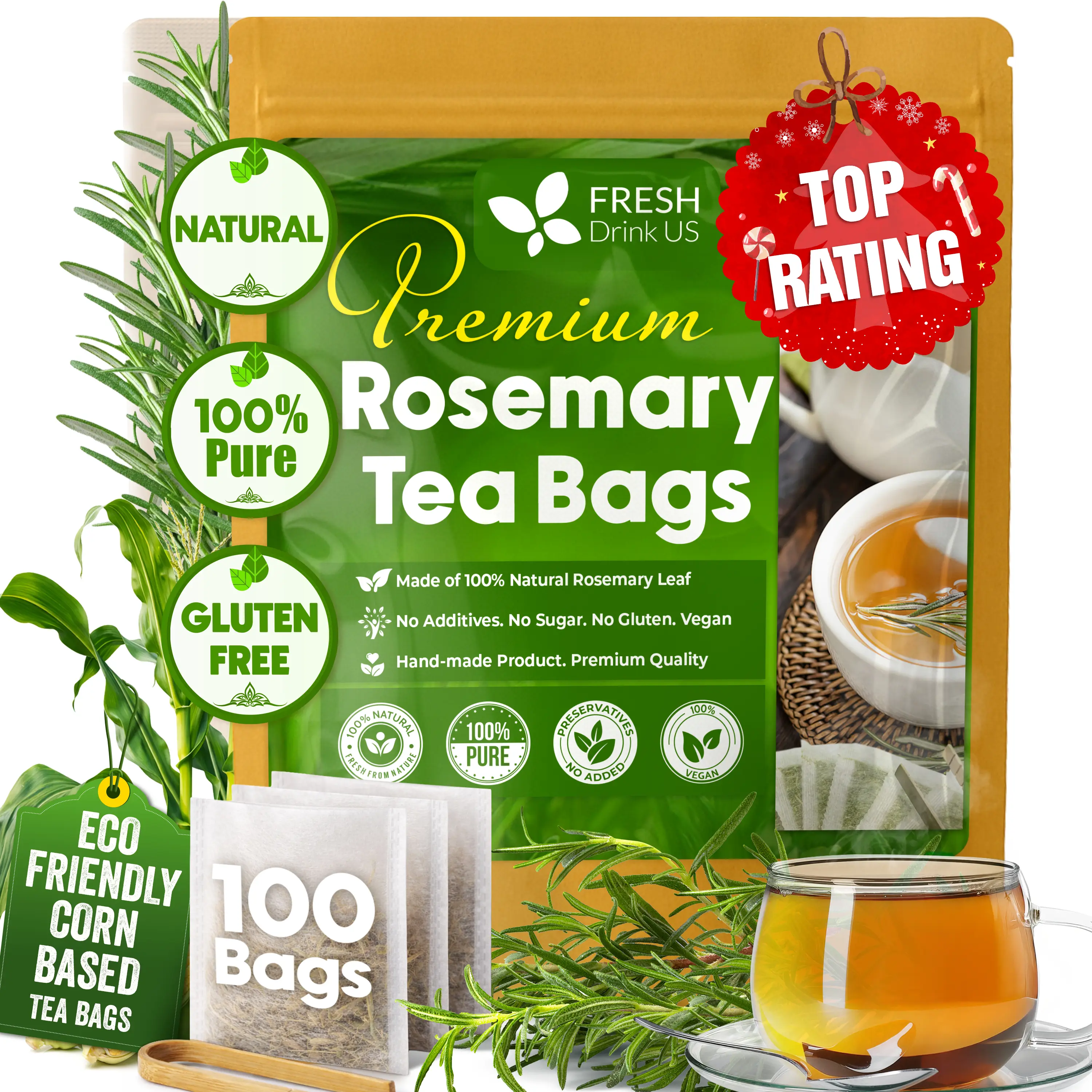 【FreshDrinkUS】 Rosemary Leaf Tea, 100 Count, Made with 100% Natural Rosemary Dried Leaves, Pure Rosemary Herbal Tea, No Additives, No Caffeine, No Gluten, Vegan. Beverage, Natural Sugar
