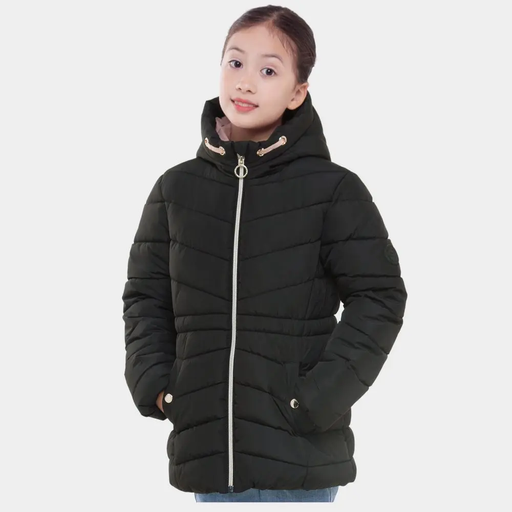 Rokka&Rolla Kids' Hooded Long Puffer Coat - School Wear, Full Zip Front, Snap Closure, Full Waistband Elastic Gathered Design, Hooded Neck