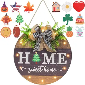 Interchangeable Welcome Sign for Front Door with 14 Changeable Icons, Farmhouse Front Porch Decor Rustic Wooden Wall Sign with 12 LED Lights, Outdoor Seasonal Welcome Home Decorations (Wood home1)