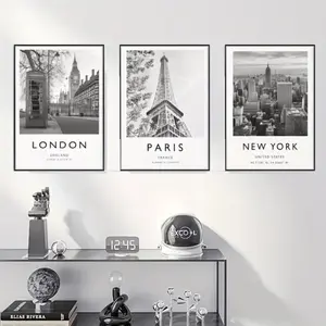 3pcs Wooden Frame City Posters New York London Paris Wall Art Canvas Painting Home Modern Fashion Style Bedroom Study Living Room Background Decor, Decoration