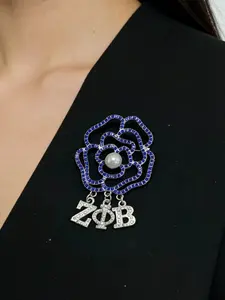 Zeta ZPB Brooch Royal Blue and White Roses Crystal Pearl Greek Sorority Flower Wedding Conference Silvery Alloy Pin