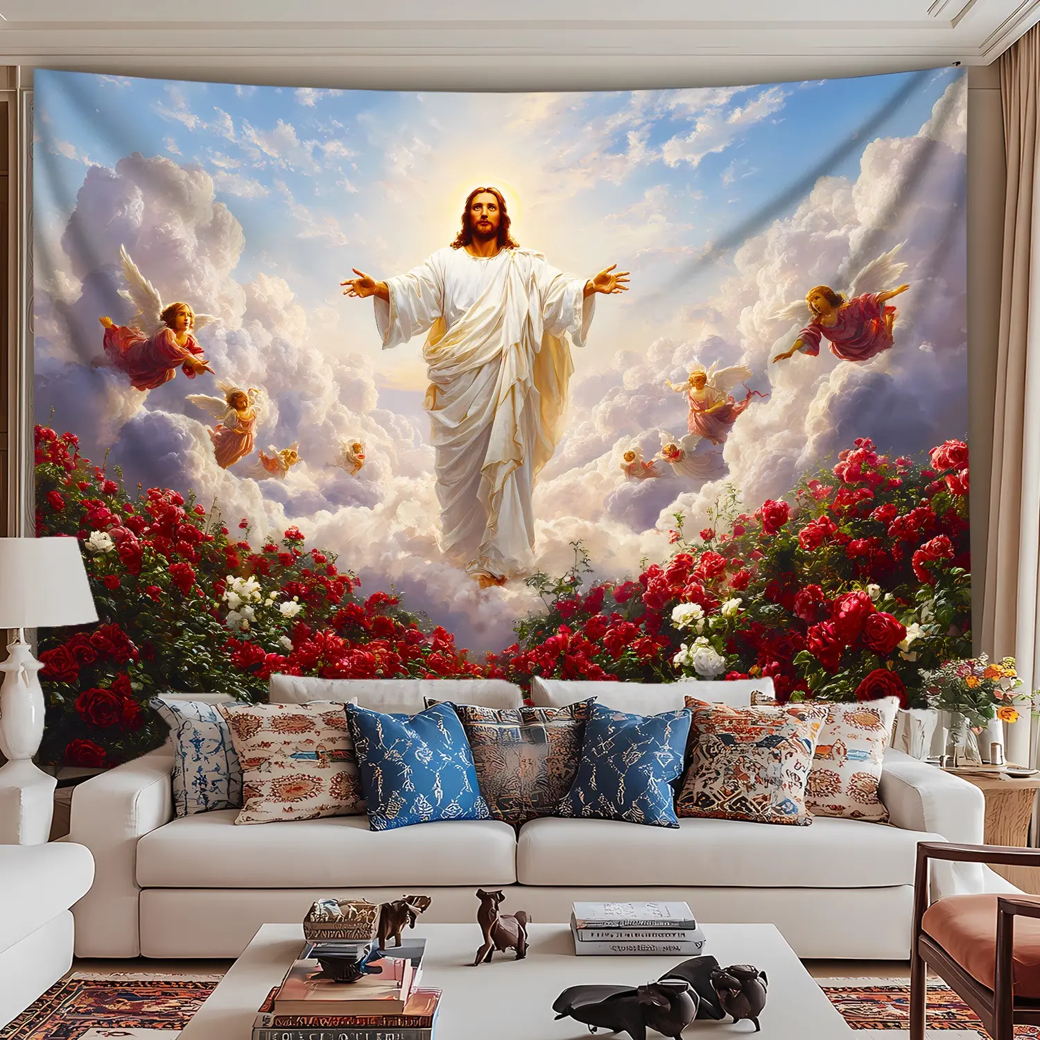 Retro Sacred Jesus Rose Landscape Wall Tapestry - 1-Piece High-Definition Digital Printed Polyester Decoration, Hanging Room Art for Living Rooms, Machine Washable Home Gift with Animal-Themed Accents, Home Textile