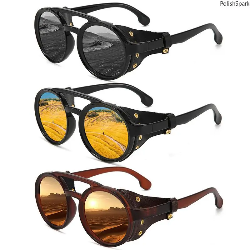 Retro Steampunk Round Polarized Sunglasses for Men Women – Gothic Metal Rivet Leather Side Shields Eyewear | UV400 Cyberpunk Motorbike Goggles Cosplay Party Festival Sun Shades, Resin, Unisex, Men's Sunglasses, Uv400 Protection tiktokshopbacktoschool, Lea