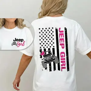 Jeep Girl T Shirt Cute Off-Road American Flag Graphic Tee Casual Street Style  Trendy Tops for Unisex 100% Cotton