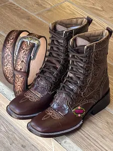 Botas Café Pullup Lacer - Shiny Brown Leather Tooled Boots