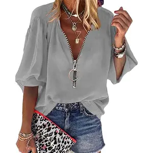 PiePieBuy Womens V-Neck Lantern Sleeve Blouse Zipper Design Loose Casual Top Shirts