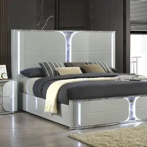 Cleburne FM72011LG-4PC Modern Eastern King Size Bedroom Set in Light Grey with Faux Marble Trim & LED Lighted Accents
