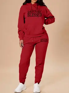Women's Long Sleeve Hooded Sweatshirt Set, Blessed Letter Print, Matching Casual Fitted Top & Pants, Spring & Fall Fashion, 2 Piece Outfit