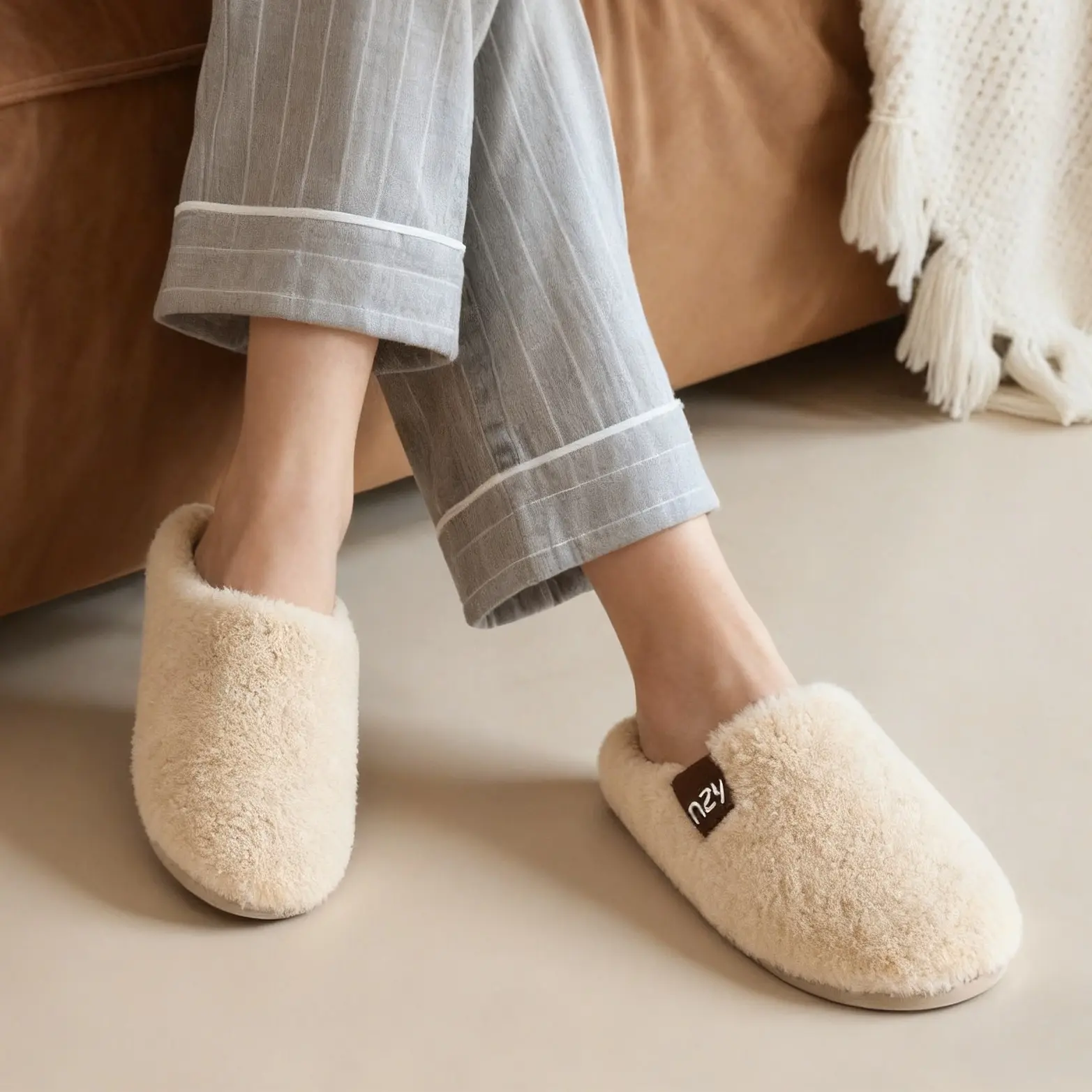 Women's Fuzzy Slippers, Cozy Cross Band Open Toe Slides with Plush Memory Foam and a Slip-Resistant Sole for Indoor Outdoor Wear