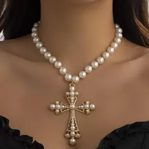Elegant Pearl Beaded Cross Pendant Necklace Perfect for Dinners, Religious Ceremonies & Special Occasions