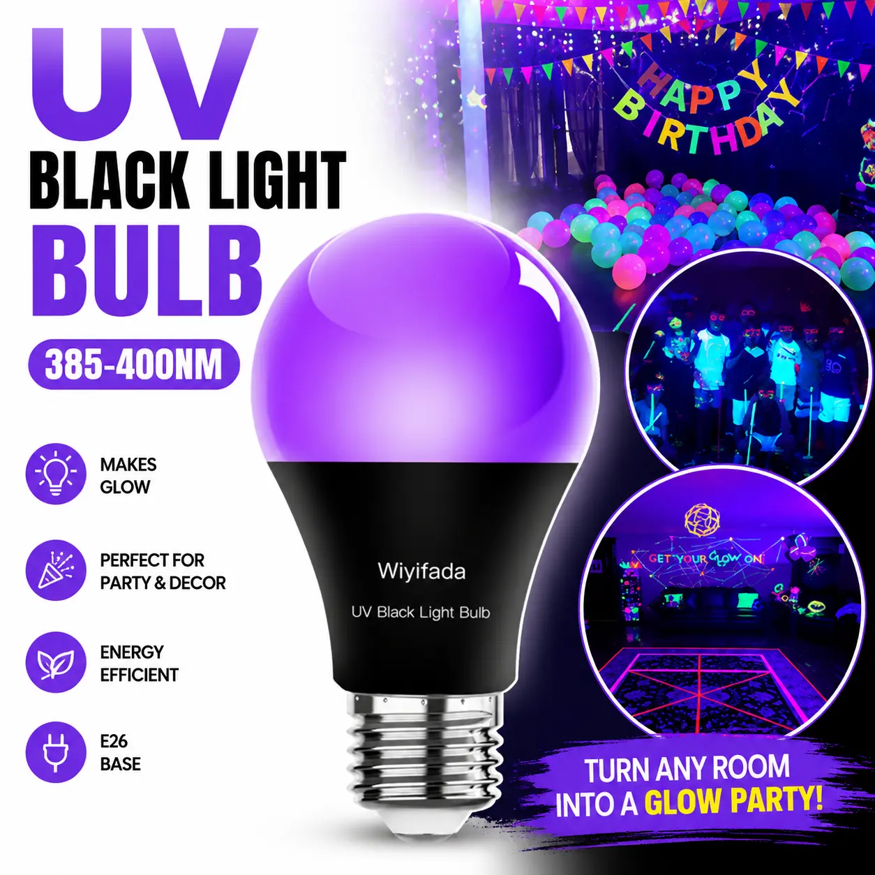 UV Black Light Bulb 385–400mm E26 Screw-in for Glow Party, Halloween & Neon Room Decor