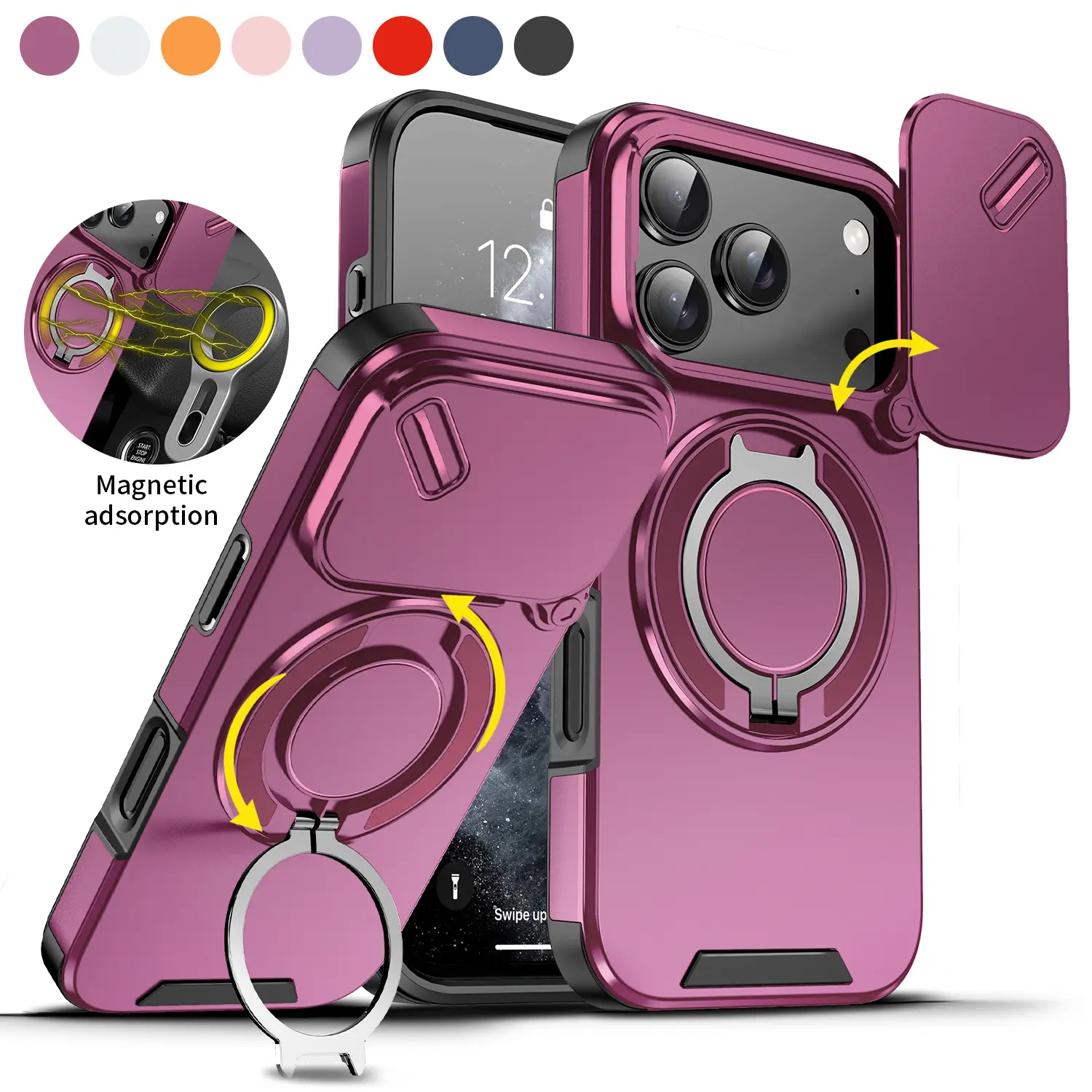 For iPhone 18 Pro Max 17 16 15 14 13 12 Case with Slide Camera Cover,360° Rotatable Ring Kickstand,Heavy Duty TPU+PC Shockproof Military Drop Protective Phone Cover,Smartphone Casing