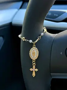 1pc New Virgin Mary Beaded Car Ornament, Two-In-One Steering Wheel Decor & Bracelet Set, Pearl Rhinestone Cross Car Hanging Decoration, Car Interior Decoration, Car Interior Ornaments