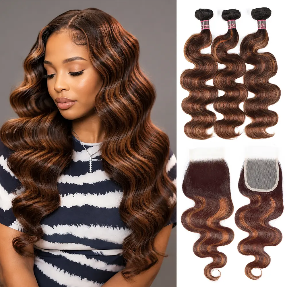Uwigs Body Wave Remy Human Hair Bundles with 4x4 Closure, F1B/4/30 Highlight Color Weave for Women, Can Be Dyed and Bleached, Body Wave Hairstyle