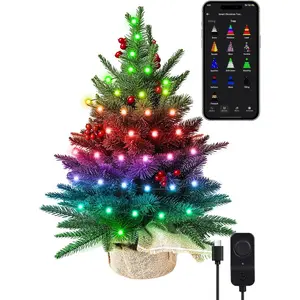 BrizLabs 2ft Plastic Contemporary Irregular Smart Mini Christmas Tree Decoration, DIY Custom Modes Tabletop Set with 75 LED RGB Lights, App-Voice Control 159+ Scenes, USB-C Music Function, PD Power Compatible for Fireplace, Desk