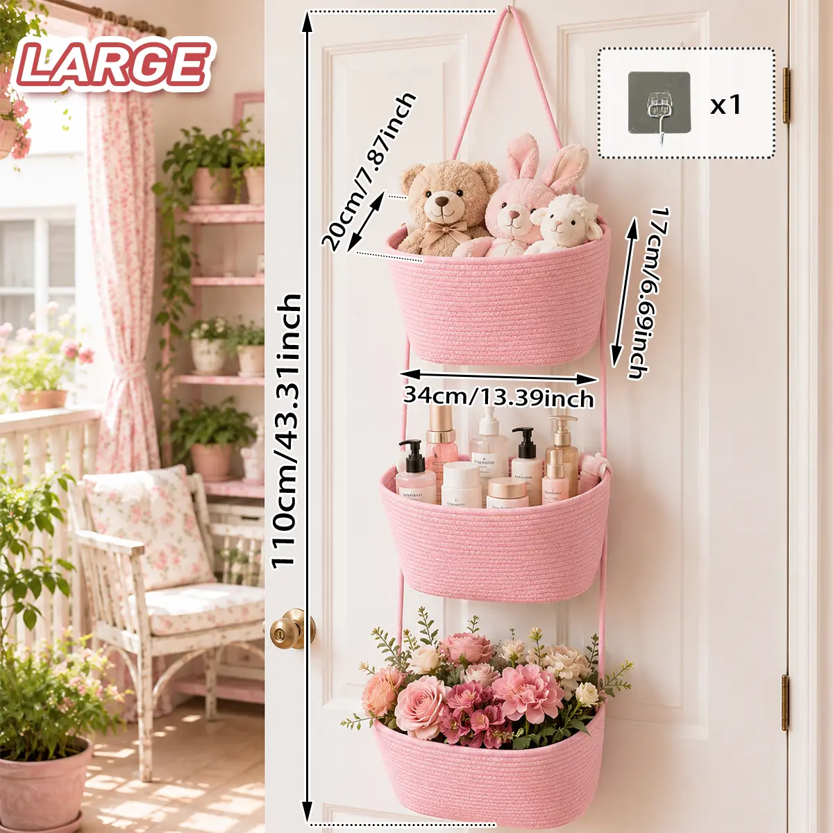 [Larger Capacity, No Dropping] Hanging Over the Door Organizer, Large Size 3-Tier Woven Cotton Basket, 13.4x7.9x6.7 Inch Wall-Mounted Storage Bag, Decorative Nursery Baskets ideal storage shelf shelf storage basket woven basket storage basket,  Khaki pink