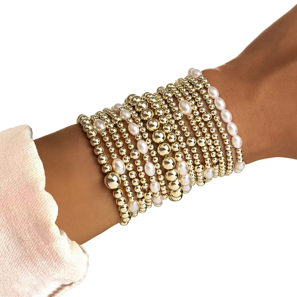 15pcs Boho Pearl Beaded Stretch Bracelet Stack Set, Gold Ball Multi-Layer Bracelets, Elastic Stackable Wrist Jewelry, Trendy Layering Accessories For Women Daily & Party Styling