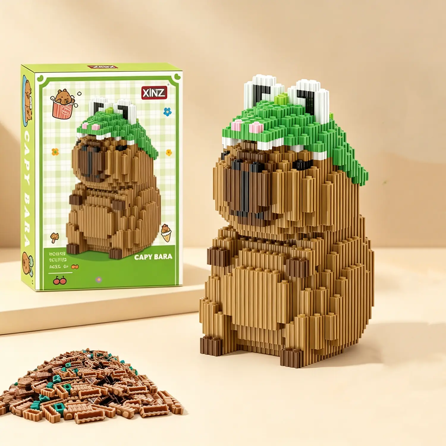Cute Capybara with Crocodile Hat Mini Assembly Blocks Set, 3D Animal Micro Bricks Puzzle Creature Block Kit, Kawaii Desktop Ornament, Collectors Set for Capybara Lovers, Model Building Kits, Collectors Block Set