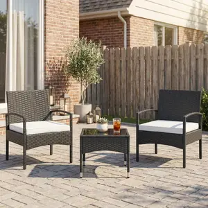 3-Piece Modern Outdoor Patio Bistro Furniture Set - Black PE Rattan Chairs with Beige Cushions, Glass-Top Table, Outdoor Dining Sets for Backyard, Balcony,summervibes