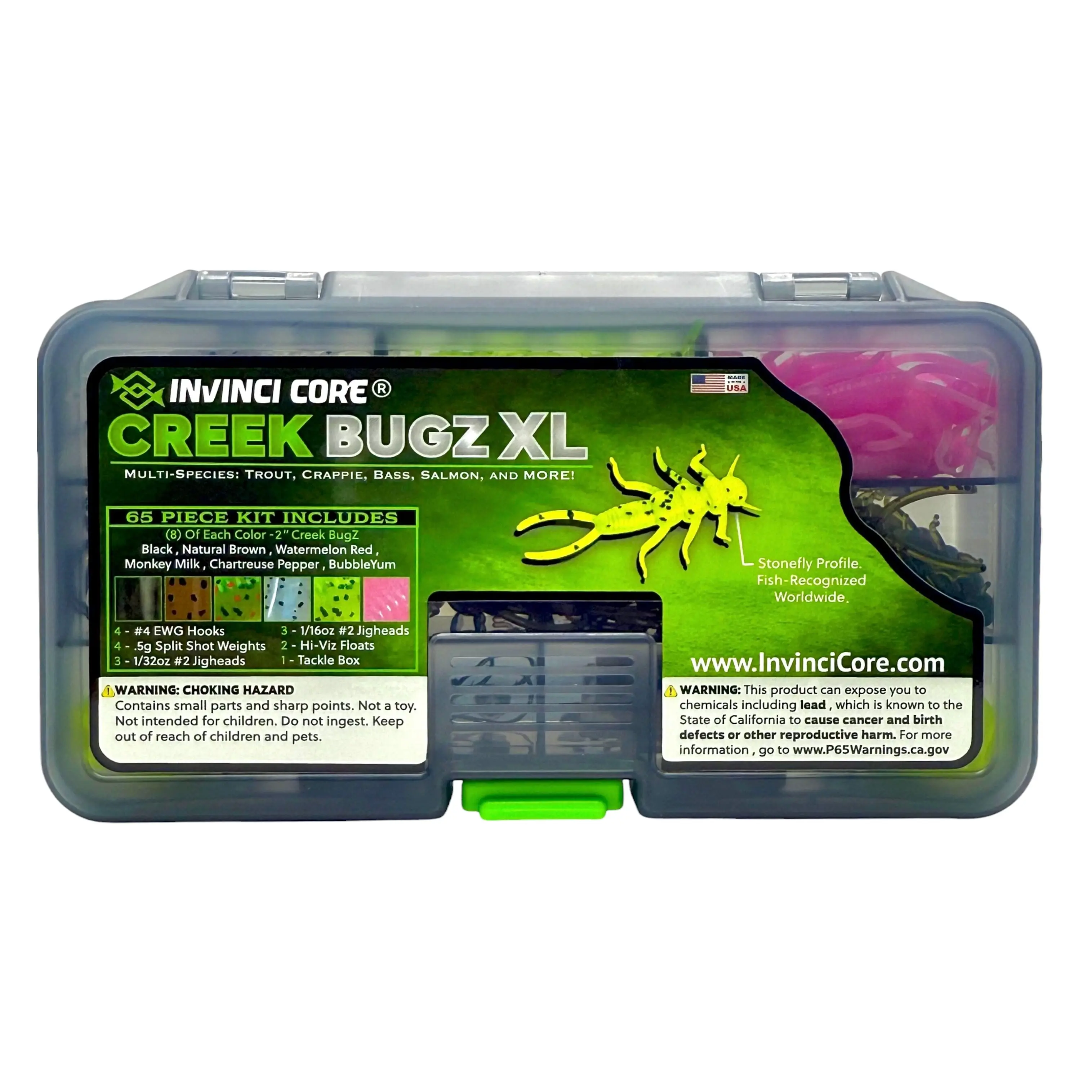 Creek BugZ XL 2” - 65 Piece (Stonefly) Fishing Kit - Trout Crappie Panfish & Bass Artificial Lure Bundle with Jig heads Floats Hooks